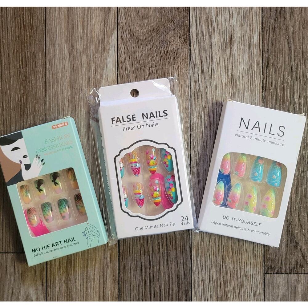 Press-on Nails 3 Sets of 24 (72) Easter Bunny Pastel Floral Colorful 1-2 Min.